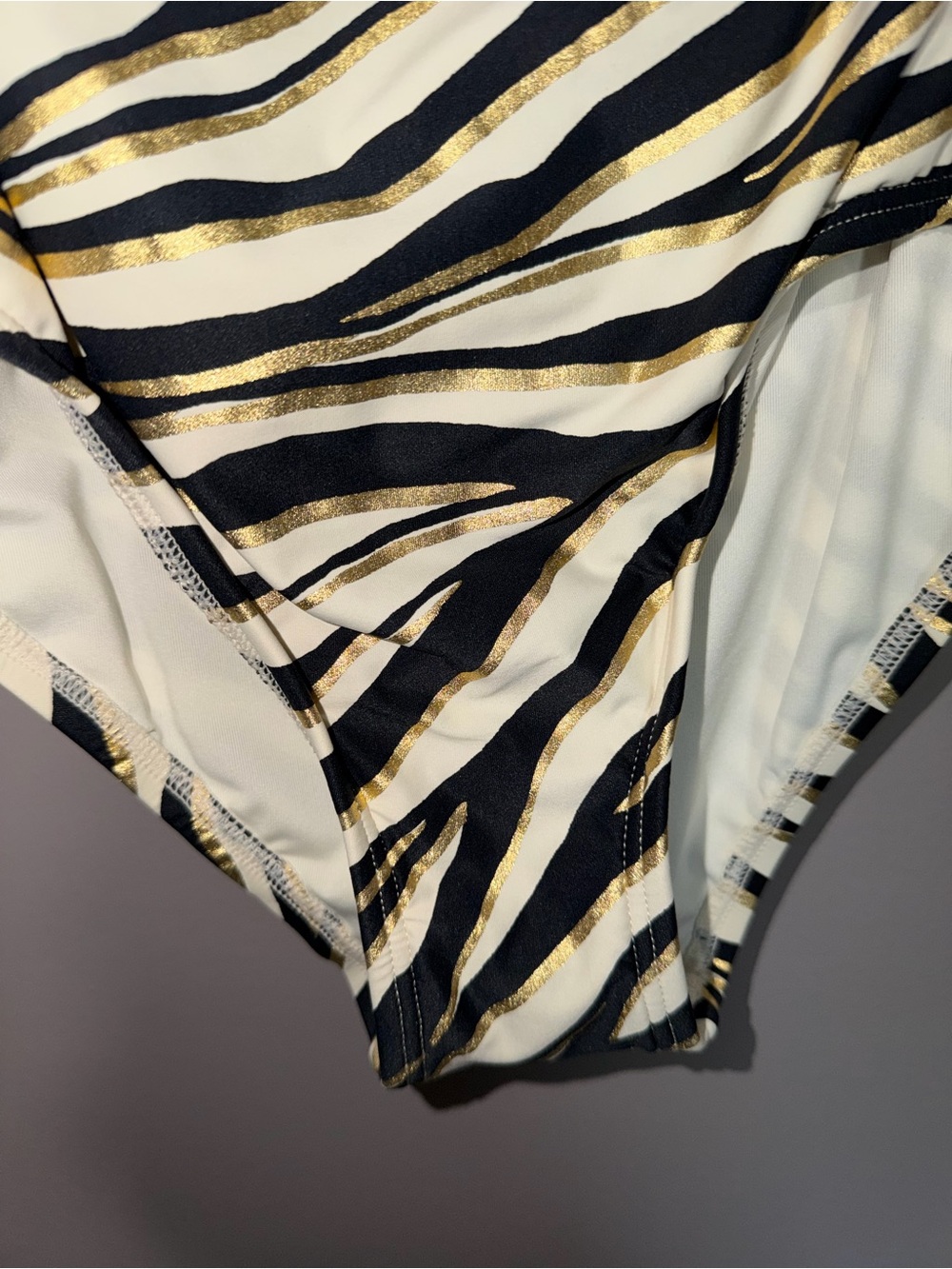 Michael Kors Black, White & Gold Zebra Stripe One-Shoulder Swimsuit - Picture 3 of 9